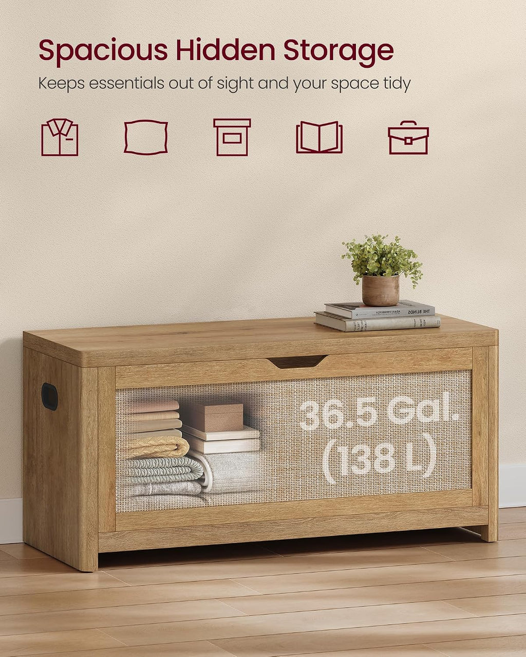 VASAGLE Boho Storage Bench with Rattan Look, Rounded Corners | Blanket Chest and Trunk with Seat for Bedroom Entryway, Natural Brown, ELLAN Collection ULSB503KC01