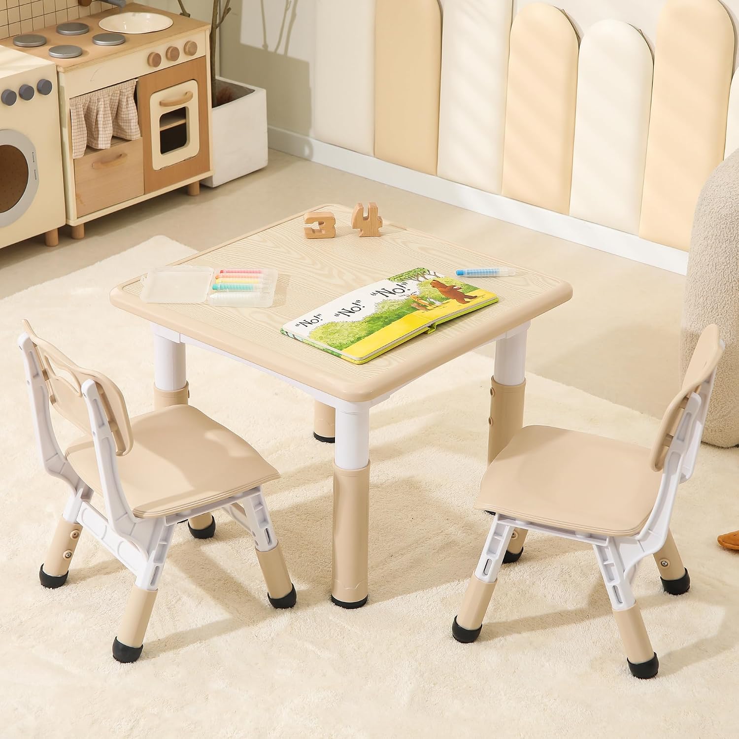 Kids Table and Chairs Set, 23.6''L x 23.6''W Toddler Table and Chairs, Height Adjustable Kids Study Table for Ages 2-10, Graffiti Desktop Children Activity Table with Anti-Slip Foot Covers