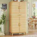 HUAHUU 71" Tall Pantry Cabinet with Curved Rattan Doors, Large Pantry Storage Cabinet with Drawer & Adjustable Shelves, Modern Farmhouse Kitchen Cabinet for Dining Room, Living Room, Oak