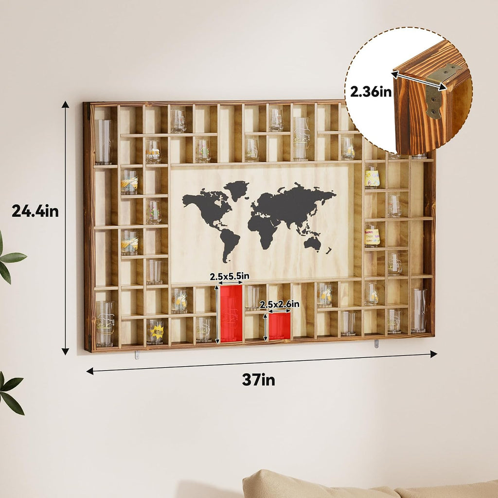 68 Large World Map Shot Glass Display Case Rustic Shot Glass Holder 37x 24.4in Brown Wood Shelf for 2 Different Sizes Glasses Shelf Wall Mount Storage Cabinet for Bar Home Kitchen