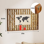 68 Large World Map Shot Glass Display Case Rustic Shot Glass Holder 37x 24.4in Brown Wood Shelf for 2 Different Sizes Glasses Shelf Wall Mount Storage Cabinet for Bar Home Kitchen