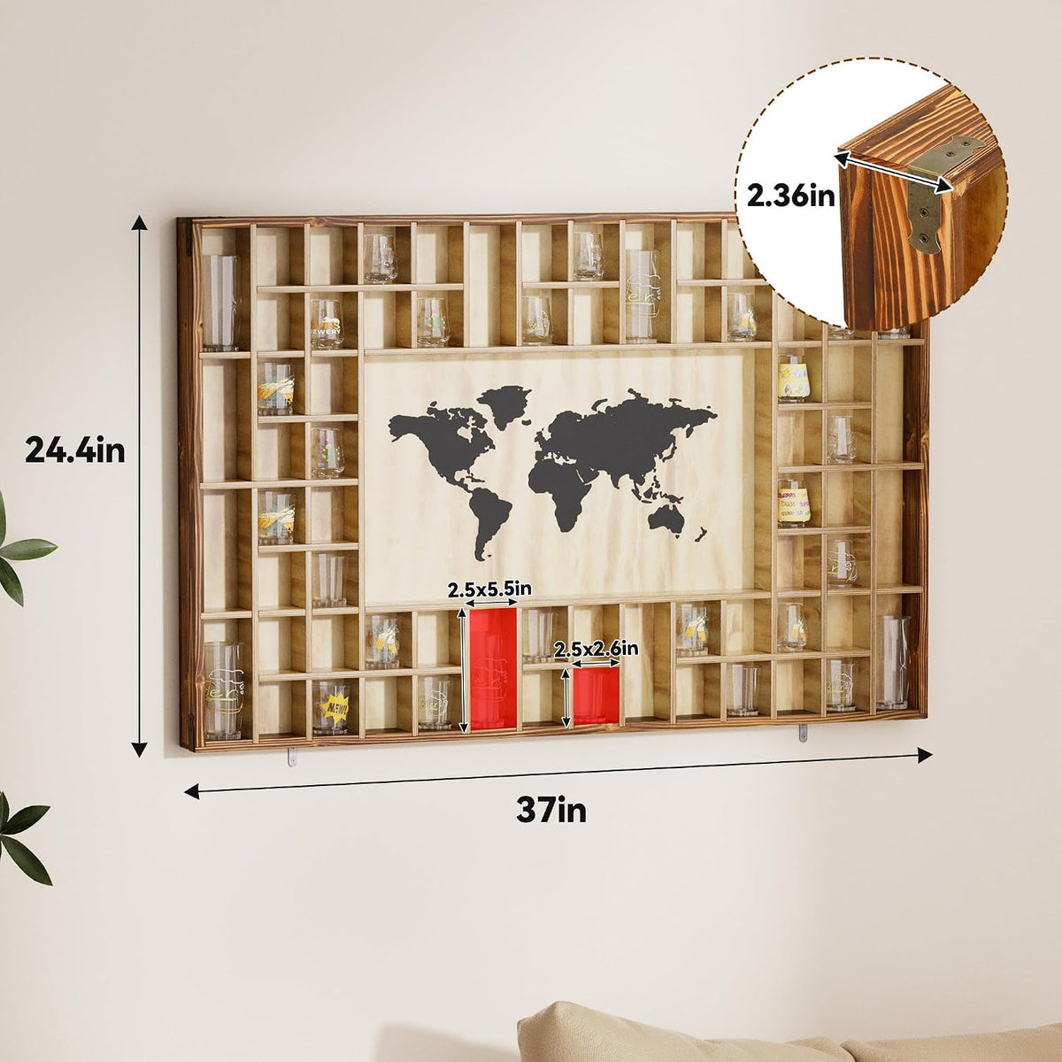 68 Large World Map Shot Glass Display Case Rustic Shot Glass Holder 37x 24.4in Brown Wood Shelf for 2 Different Sizes Glasses Shelf Wall Mount Storage Cabinet for Bar Home Kitchen