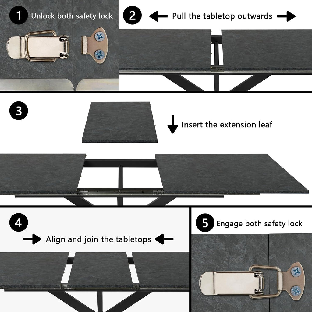 63-79 Inch Extendable Dining Table for 6-10, MDF Rectangular Kitchen Table with Removable Butterfly Leaf and Black Metal Base, Space Saving Design for Small Spaces & Holiday Gatherings, Black Lava