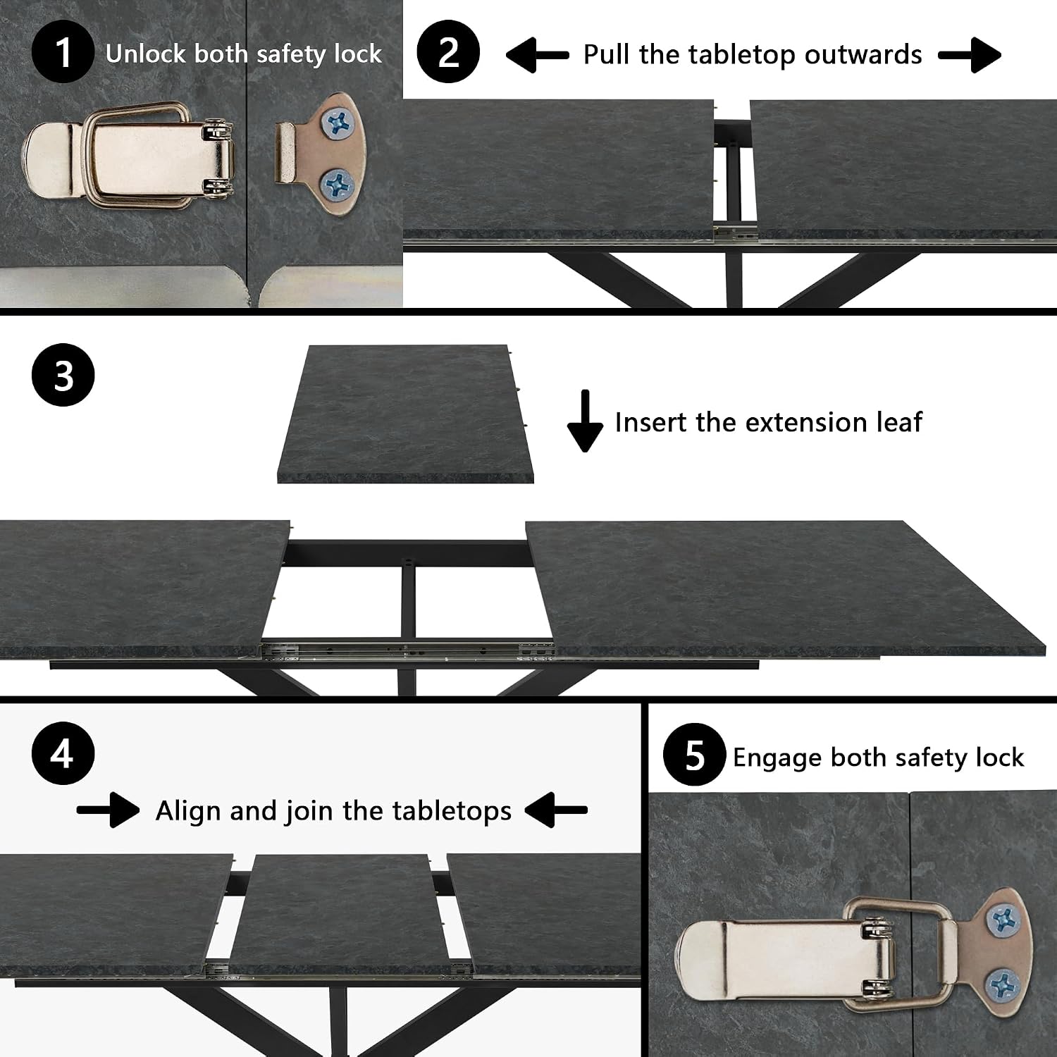 63-79 Inch Extendable Dining Table for 6-10, MDF Rectangular Kitchen Table with Removable Butterfly Leaf and Black Metal Base, Space Saving Design for Small Spaces & Holiday Gatherings, Black Lava