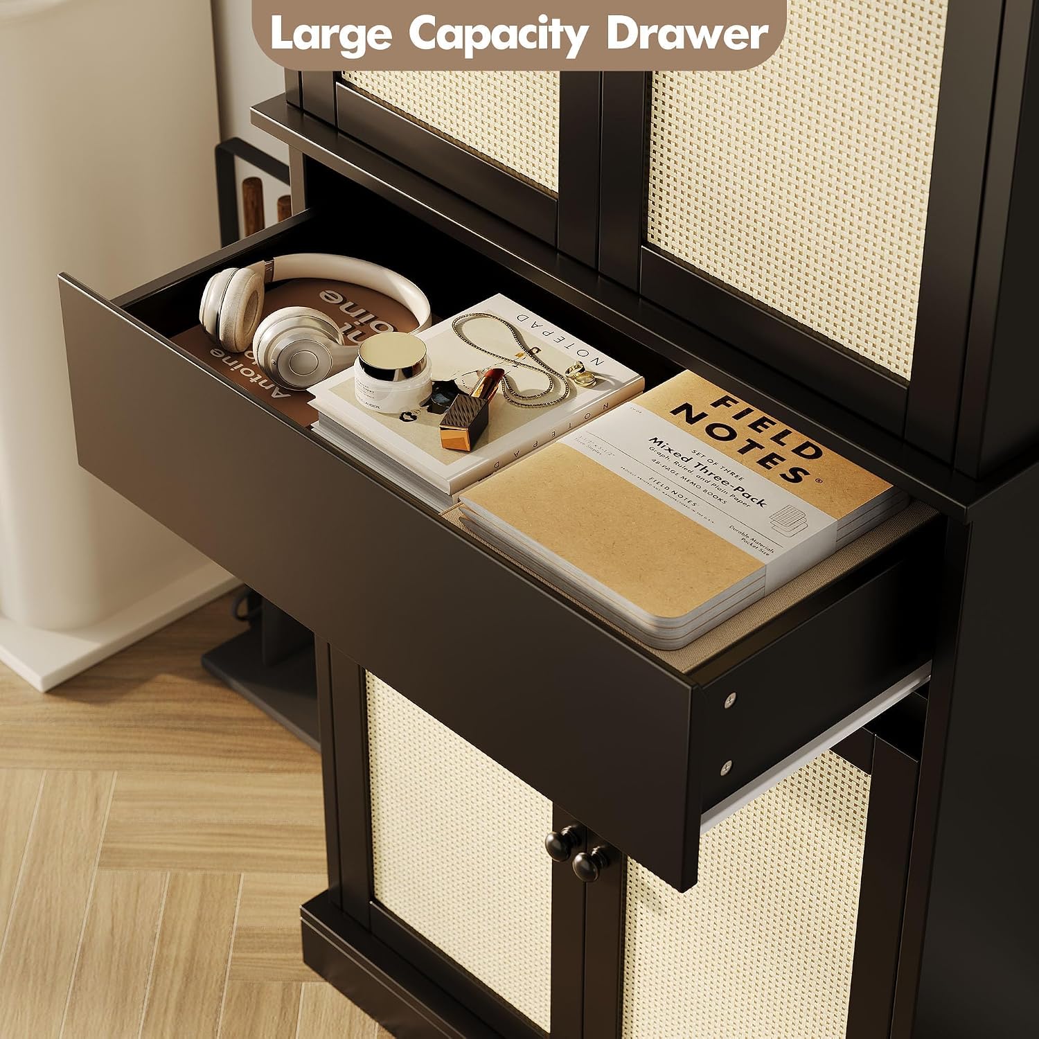 Tall Kitchen Pantry Cabinet with Rattan Doors, Adjustable Shelves & Drawer, Freestanding Storage Cupboard for Bathroom, Dining Room & Living Room（New Black）