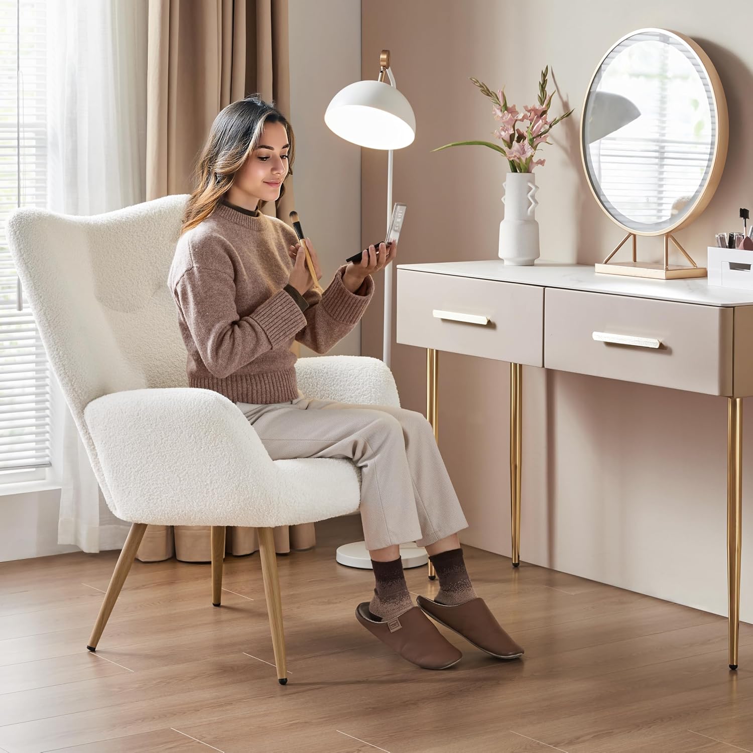 Yaheetech Barrel Chair, Fuzzy Accent Chair with High Back, White | Boucle Fabric Armchair with Soft Padded, Modern Vanity Chair, for Living Room Bedroom Makeup Room