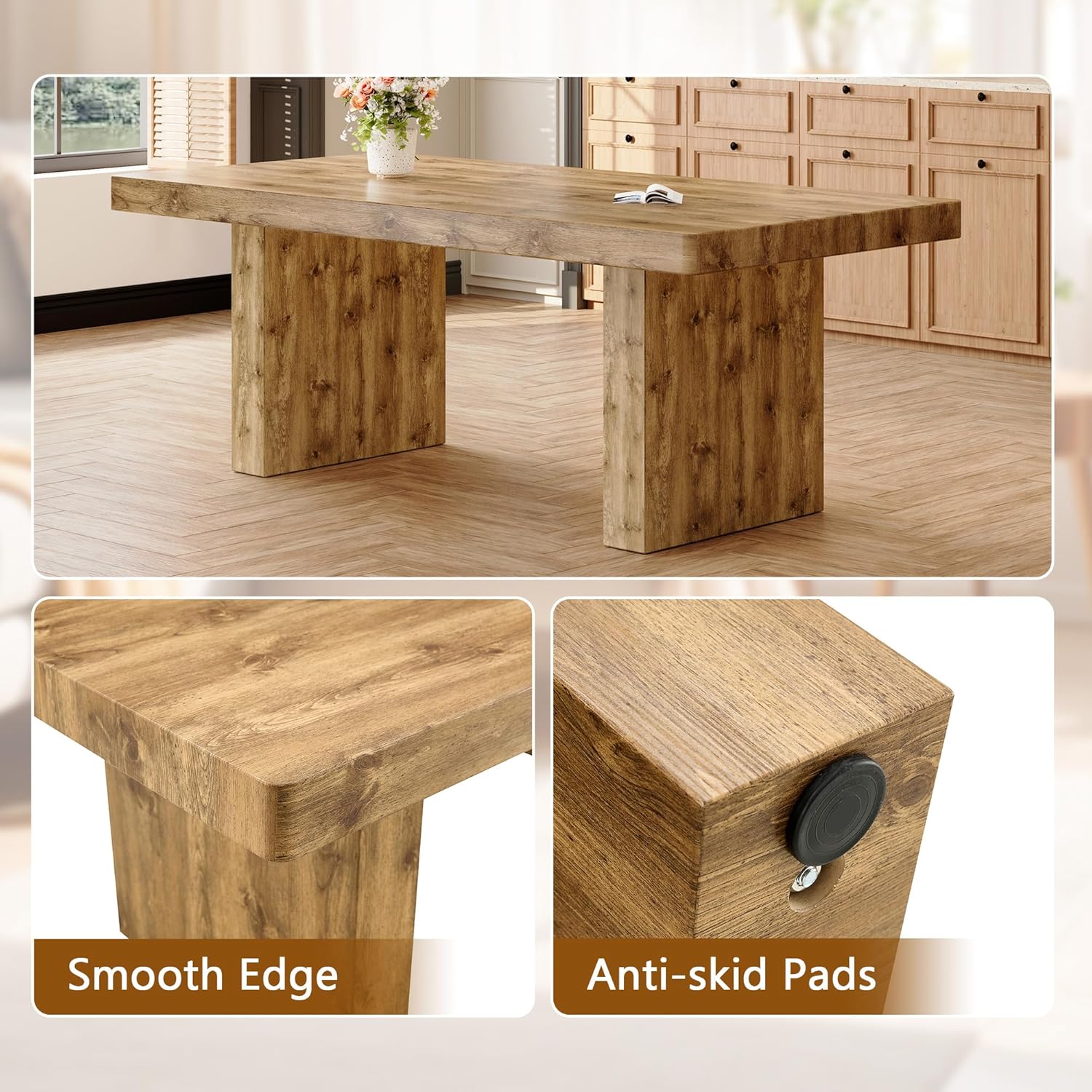 gopop Rustic Modern 79" Rectangular Dining Table, Solid Wood Farmhouse Kitchen Table with Sturdy Legs, Wooden Dining Room Table for 6–10 People