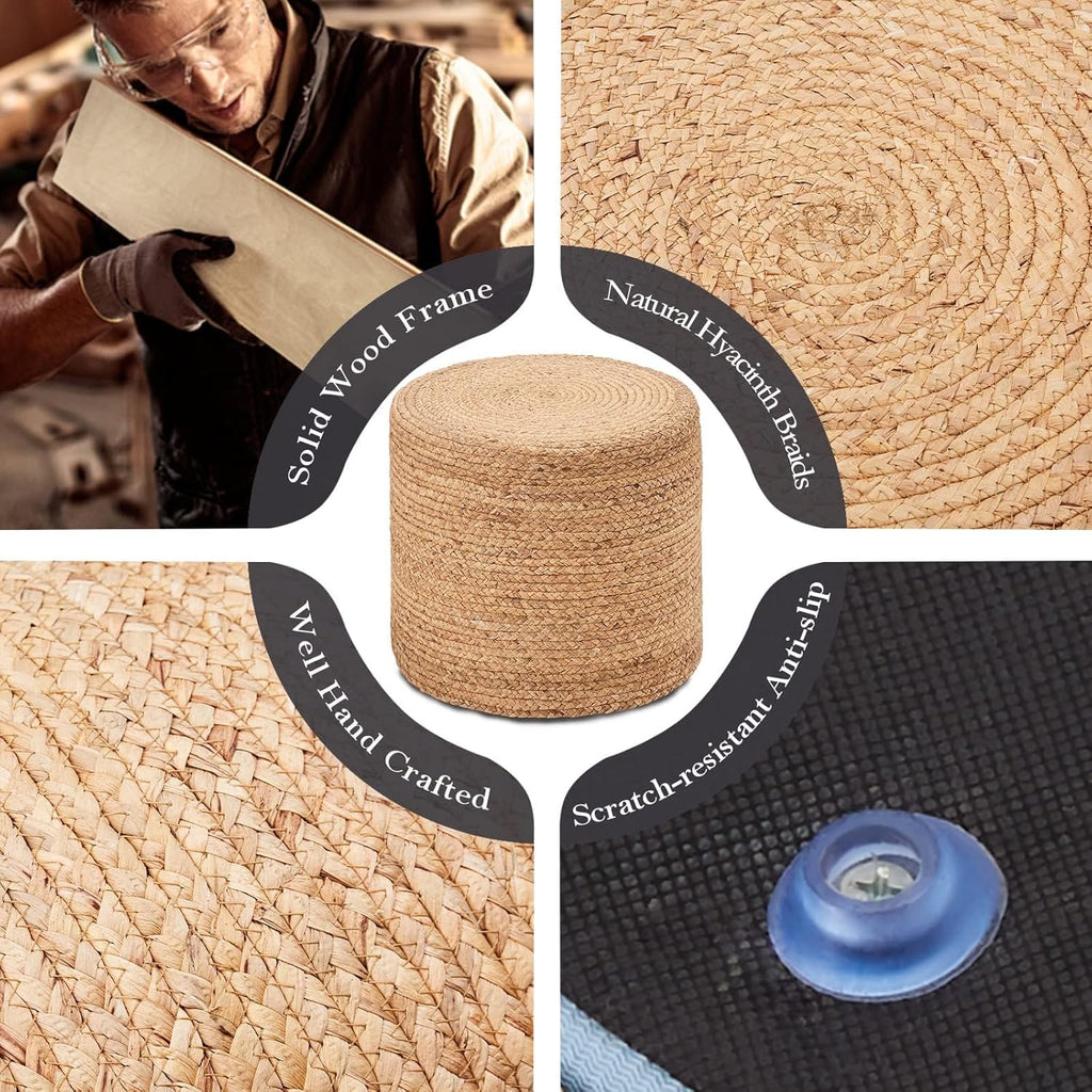 Wimarsbon 2Pcs Pouf Ottomans, Natural Seagrass Foot Stool, Hand Weaving Round Ottoman, Boho Decorative Seat, Jute Braided Pouffe Poof Accent Sitting Footrest (18inch Natural Water Hyacinth Braid)