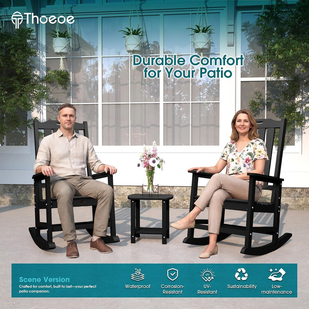 THOEOE Outdoor Rocking Chairs, Oversized Patio Rocking Chair | HDPE Outdoor Rockers for Front Porch, Patio, Backyard, Balcony and Garden. All-Weather High Back Design, Black