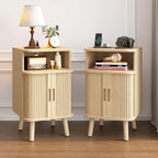 Alohappy Fluted Nightstands Set of 2 with Charging Station, Mid Century Modern Bedside Tables with Sliding Tambour Doors, Curved Wood End Table with Storage for Bedroom, Living Room, Natural Oak