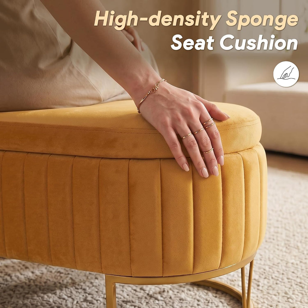 Storage Bench Bedroom Bench, Velvet Oval Upholstered End of Bed Bench with Golden Metal Legs, 46” Modern Storage Ottoman Bench for Bedroom, Living Room, Entryway, Window, Mustard