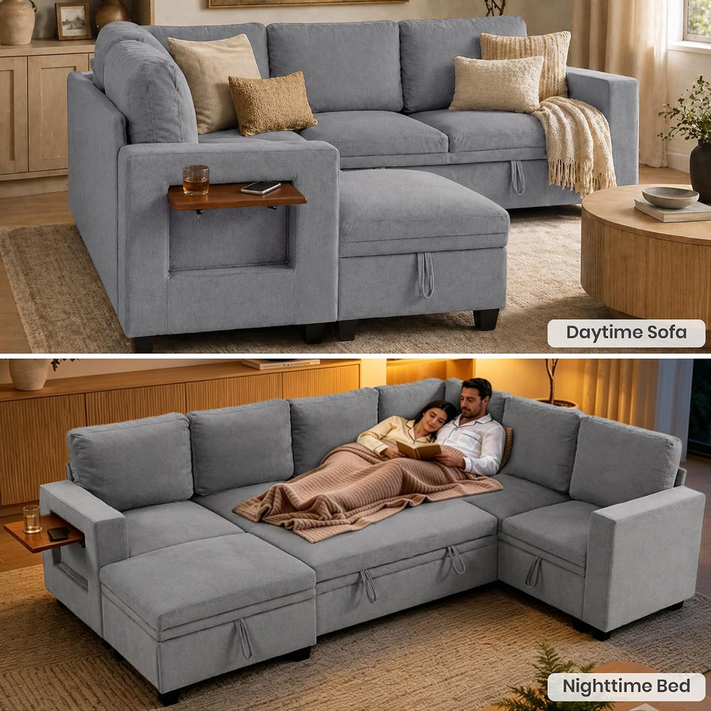 105" Modular Sectional Sleeper Sofa with Pull Out Bed, U Shaped Couch with Storage Chaise & Side Table, Waterproof Pet-Friendly Cat Paw Velvet for Living Room, Tool-Free Assembly(7 Seat Grey)