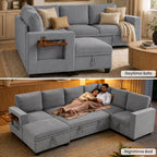 105" Modular Sectional Sleeper Sofa with Pull Out Bed, U Shaped Couch with Storage Chaise & Side Table, Waterproof Pet-Friendly Cat Paw Velvet for Living Room, Tool-Free Assembly(7 Seat Grey)