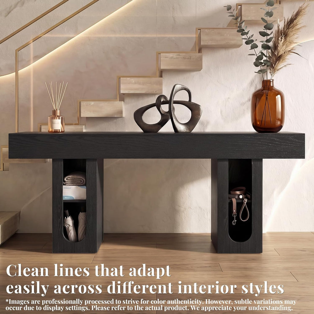 71" Entryway Console Table with Outlets & Storage-Black | 5.9" Thick Top,Zero Wobble,Behind Large Couch,Extra Long,Anti-Tip,Modern Farmhouse,Dense MDF,Living Room,Hallway,300lbs Load