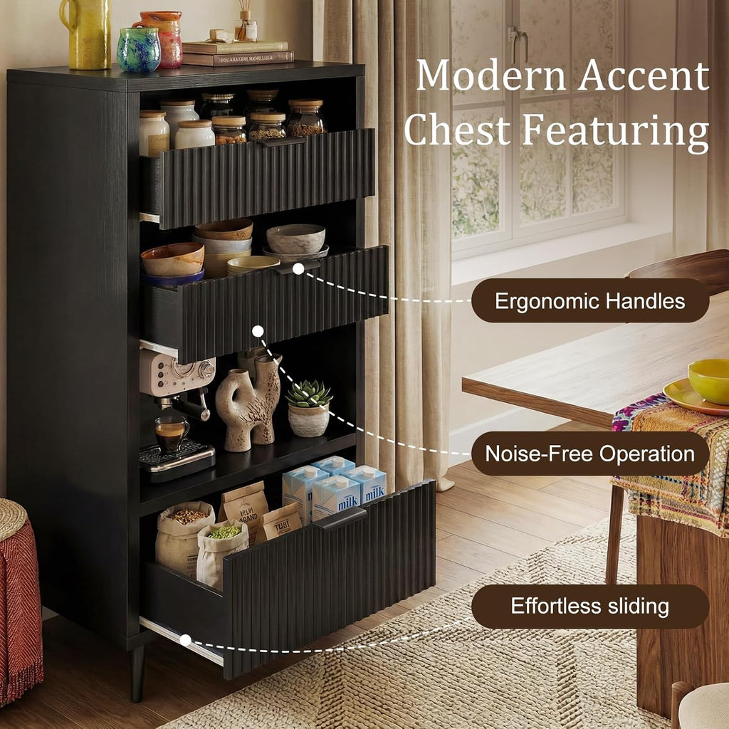 51" Tall Modern Black Storage Cabinet, Freestanding Kitchen Pantry Cabinet with 3 Drawers & Open Shelf, Buffet Sideboard Hutch, Snack Linen Cabinet for Dining Room,Bathroom, Bedroom, Office