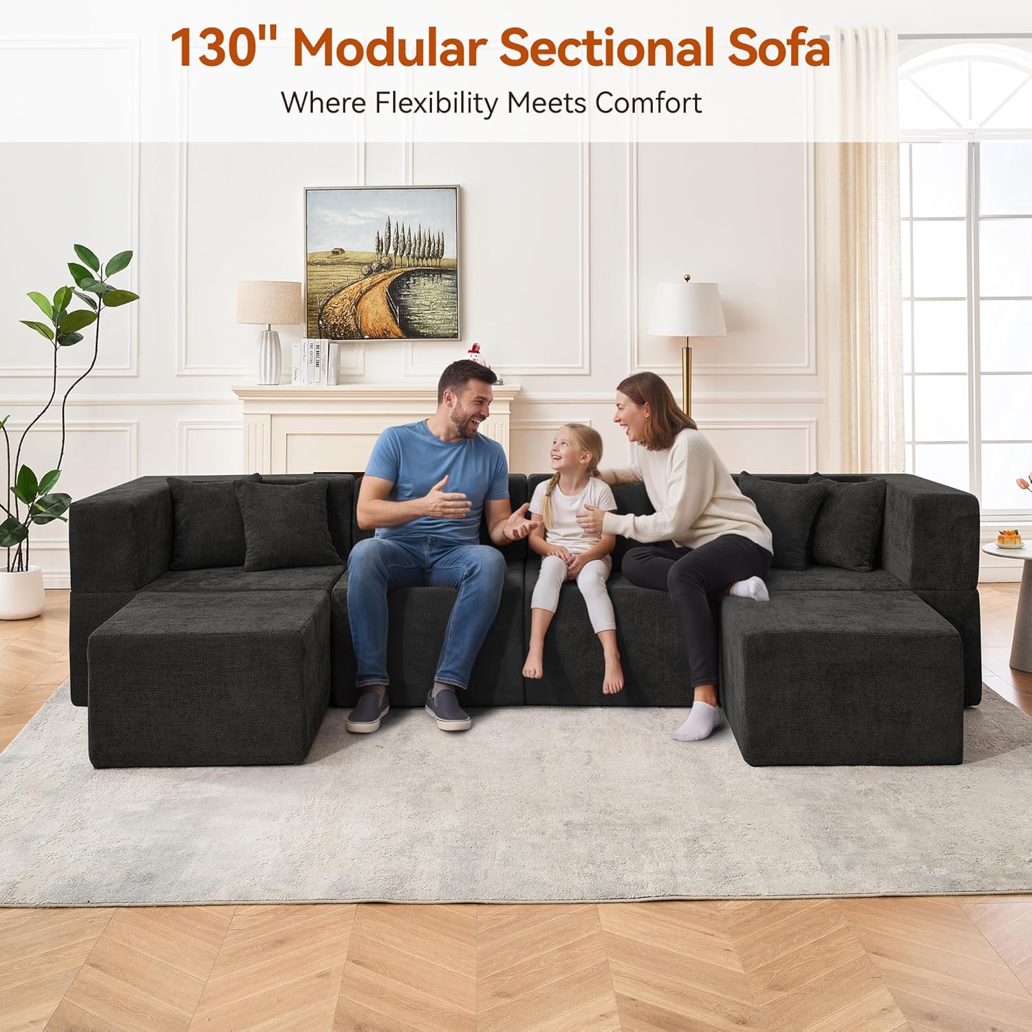 MONVANE 130'' Modular Sectional Cloud Couch for Living Room, 6 Seater Convertible Chenille Couches Set with Ottoman & Pillow, No Assembly Compression Sofas, Comfy Floor Sofa with Memory Foam, Black