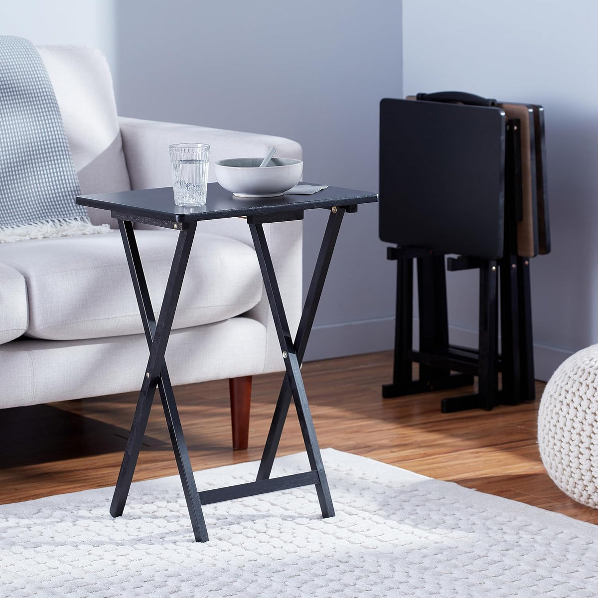 Amazon Basics Portable Foldable TV Tray Table with Storage Rack, Space-Saving Design, 15" x 19" x 26", Black, 4-Pack