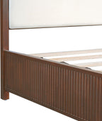 King Size Wood Platform Bed with Fluted Footboard & Fabric Upholstered Headboard, Low Profile Wooden Bed Frame with Wood Slats Support, Dark Walnut,White