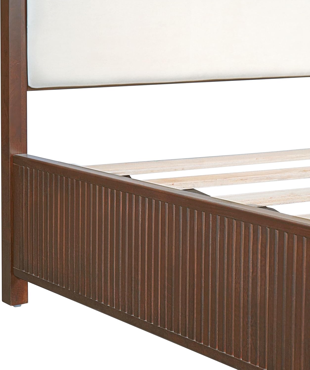 King Size Wood Platform Bed with Fluted Footboard & Fabric Upholstered Headboard, Low Profile Wooden Bed Frame with Wood Slats Support, Dark Walnut,White