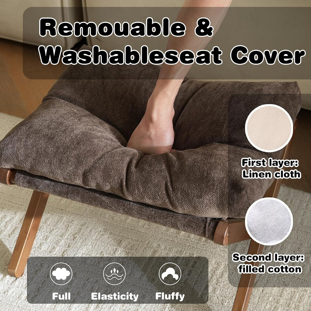 Baveke Ottoman Foot Rest- Bamboo Foldable Stool, Foot Stools Small Ottman with Upholstered & X Legs, Folding Stool for Makeup, Bedroom and Living Room, FSC-Certified (Small Brown)