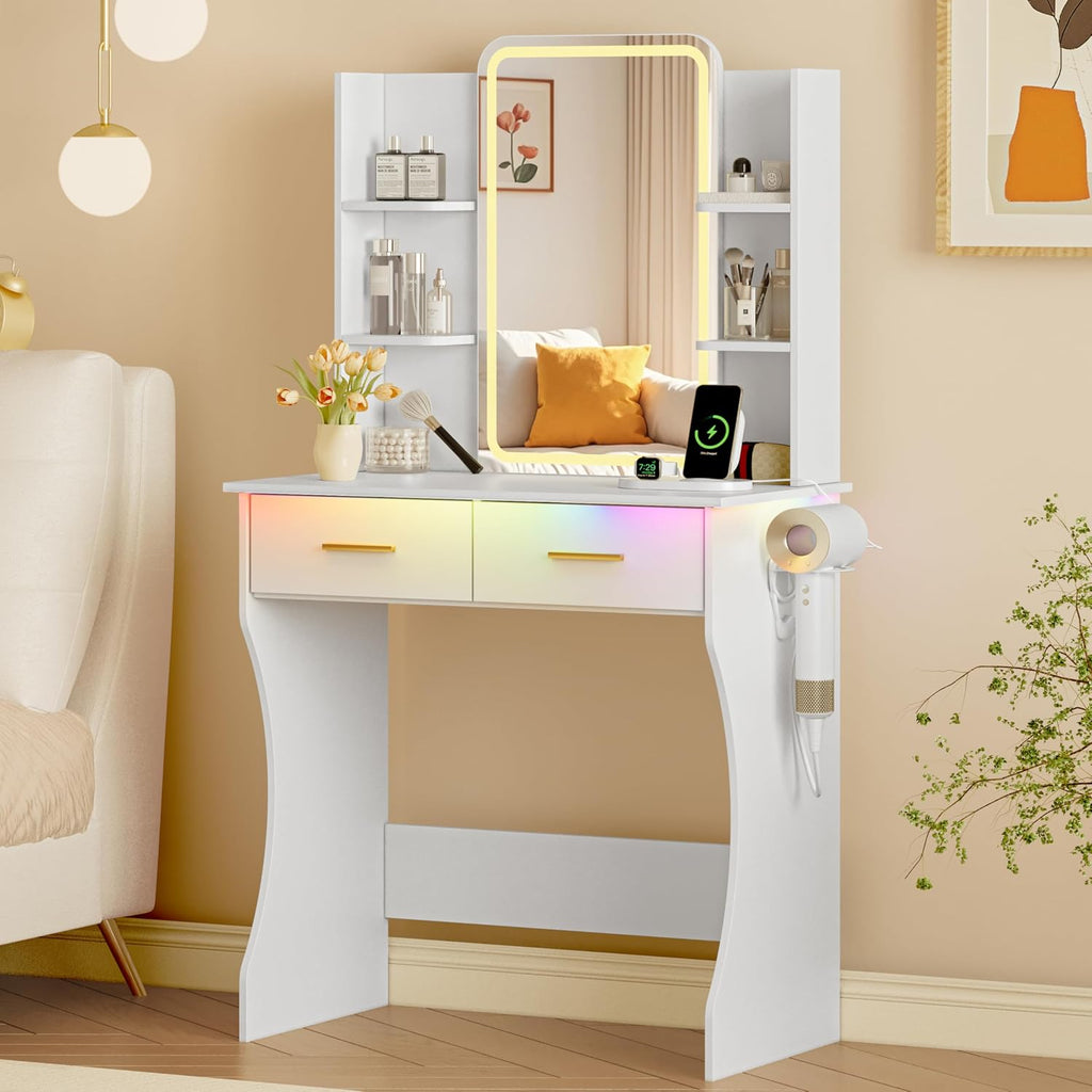 Xixini Vanity Desk with LED Lights Mirror & Power Outlet, Small Makeup Vanity Table Set with Storage Drawers, 3 Lighting Modes & Adjustable Brightness, Dressing Table for Women Girls Bedroom, White