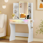 Xixini Vanity Desk with LED Lights Mirror & Power Outlet, Small Makeup Vanity Table Set with Storage Drawers, 3 Lighting Modes & Adjustable Brightness, Dressing Table for Women Girls Bedroom, White