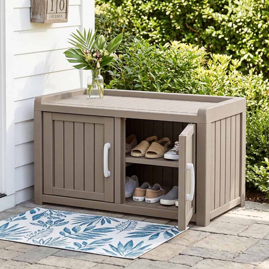 2-Tier Storage Bench, Waterproof UV-Resistant Outdoor Shoe Storage Cabinet, Outdoor Shoe Rack with 2 Doors & Adjustable Shelves for Indoor Outdoor Entryway, Hallway, Living Room (Grey)