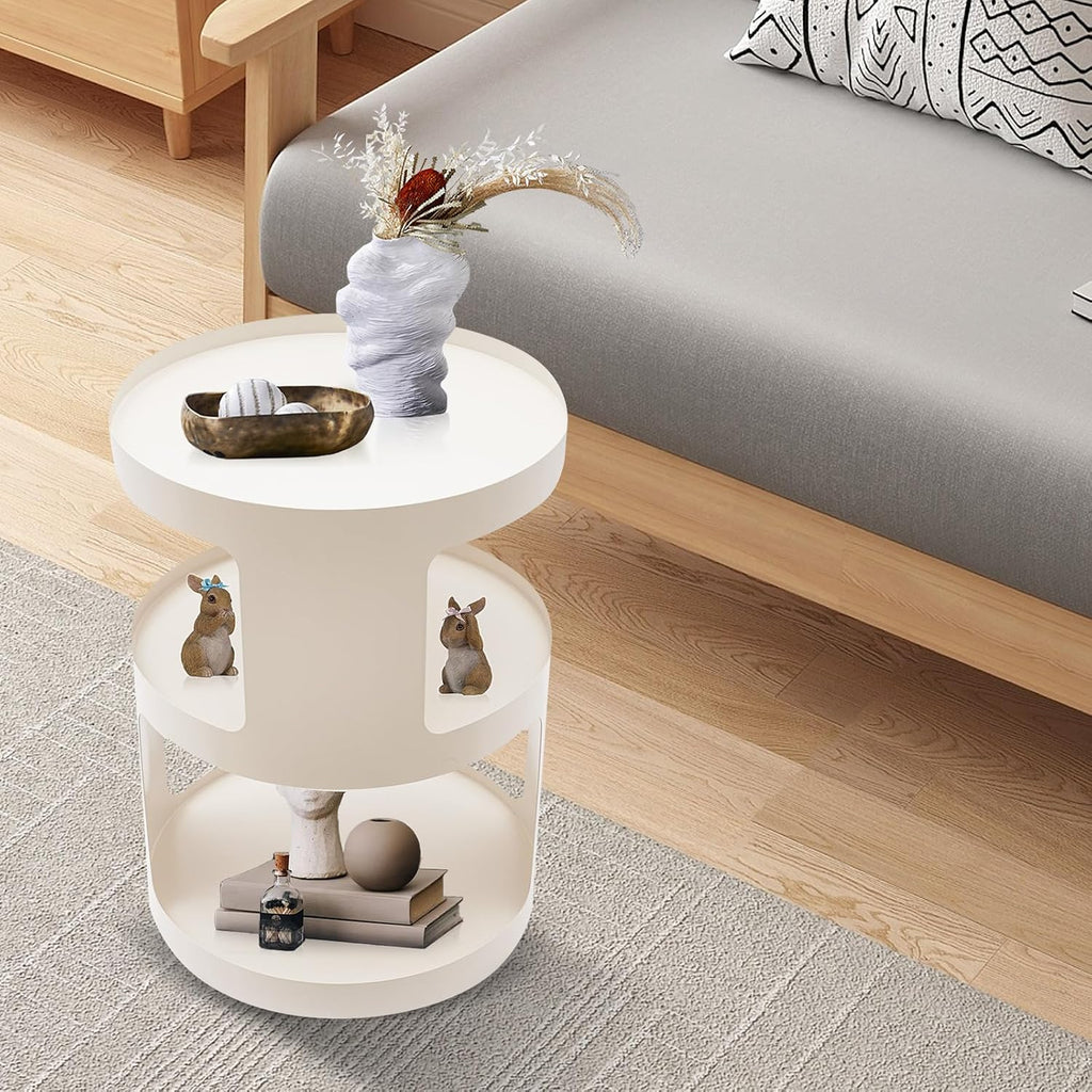 Bed Side Table, Round End Table Metal Small Bedside Table, Modern Nightstand Small Accent Table No Assembly Required Drink Tables for Living Room, Bedroom, Office, Entryway (White)