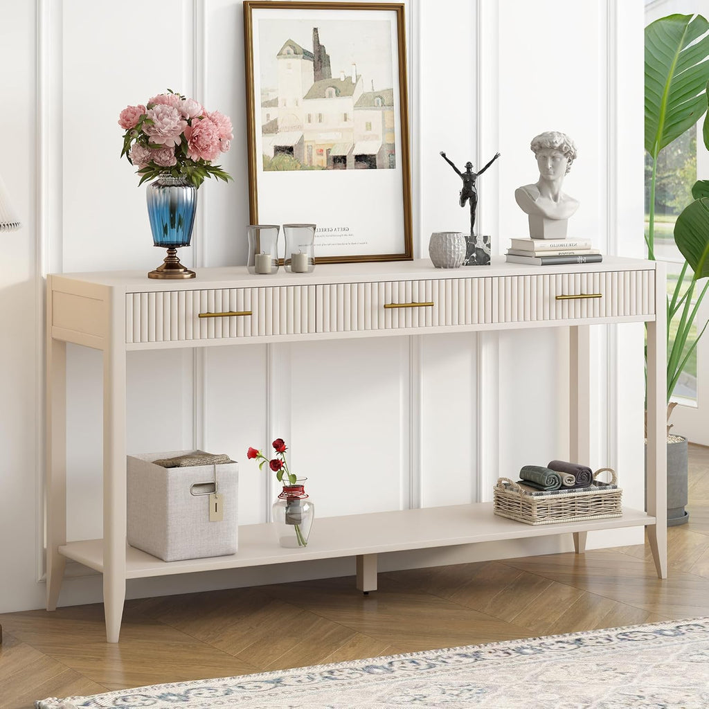 Knocbel Entryway Console Table with 3 Vertical Stripe Drawers and Storage Bottom Shelf, Sofa End Table with Sturdy Long Legs for Living Room Hallway, 15.7" D x 60" W x 31.4" H Beige