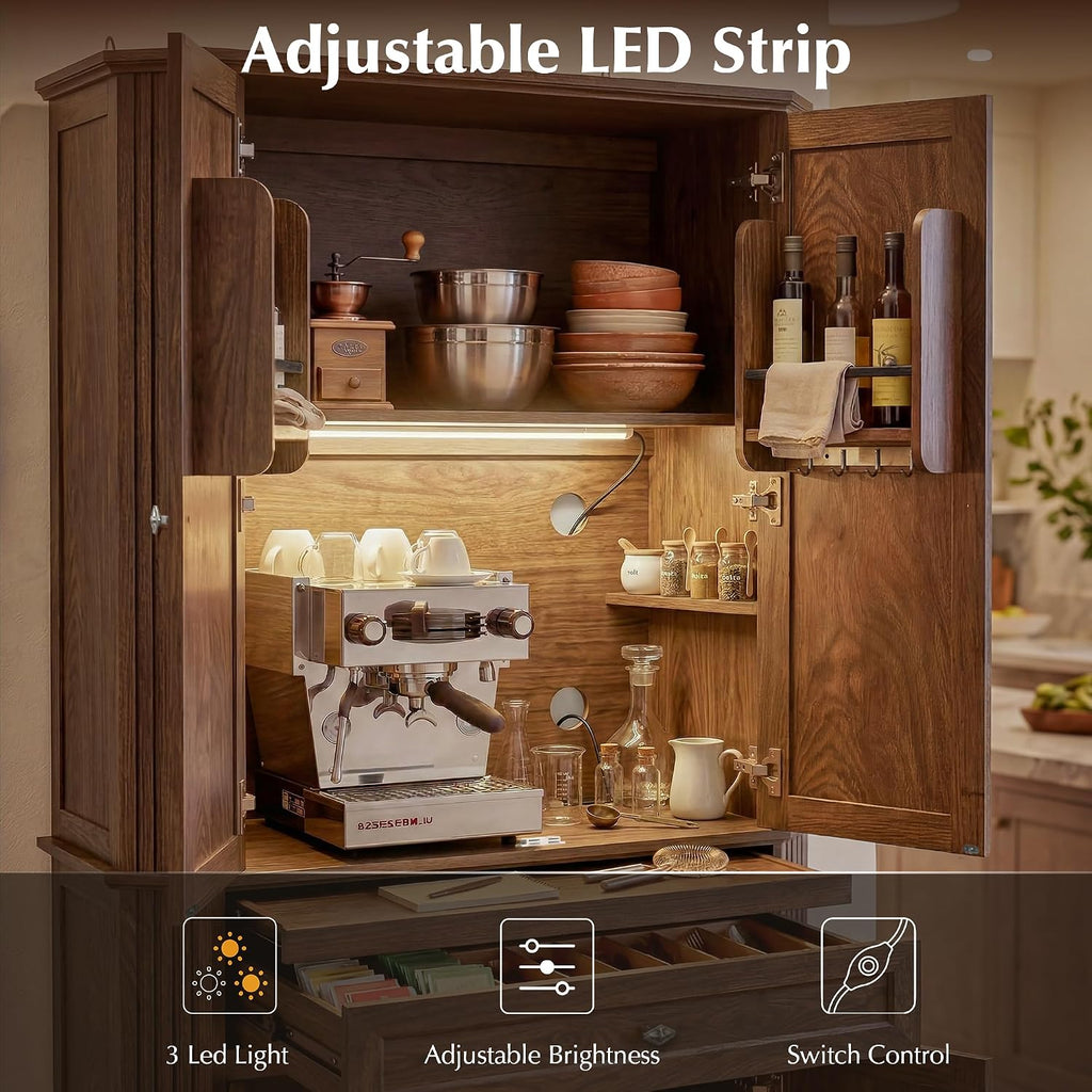 72.2" Tall Kitchen Pantry Cabinet with Doors, Farmhouse Storage Cabinet with Charging Station & LED Light, Drawer, Adjustable Shelves and Pull-Out Shelves, Walnut Wood Pantry Cupboard for Dining Room