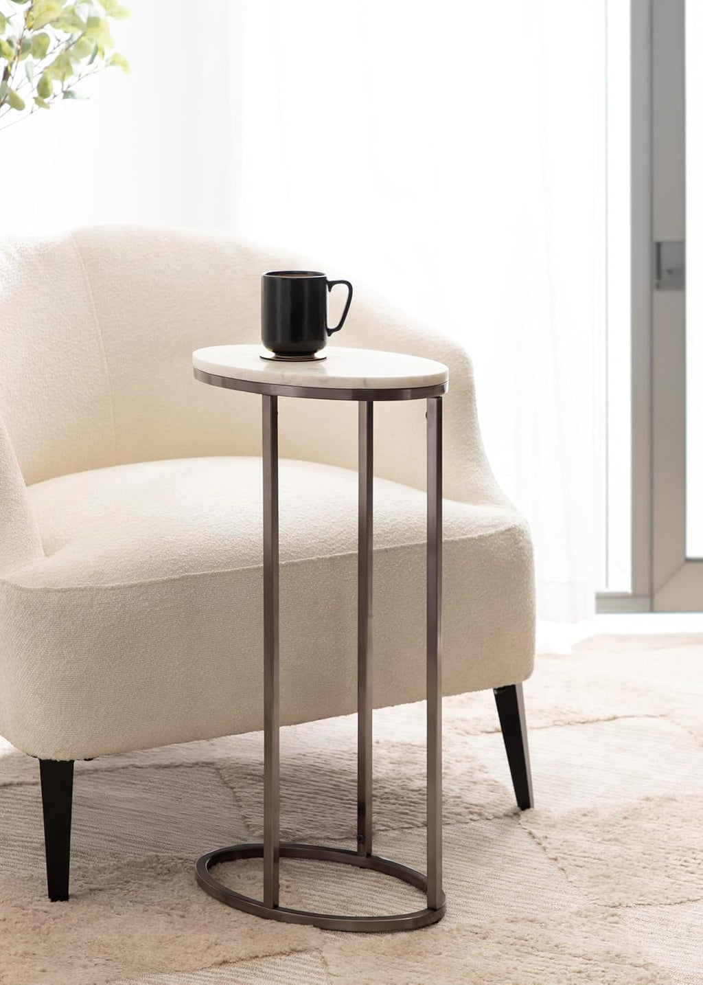 Kate and Laurel Natalli Modern Glam Oval C-Table, 14 x 9 x 28, White Marble and Gray Gunmetal, Elegant C-Shaped Side Table with Marble Tabletop and Space Saving Design