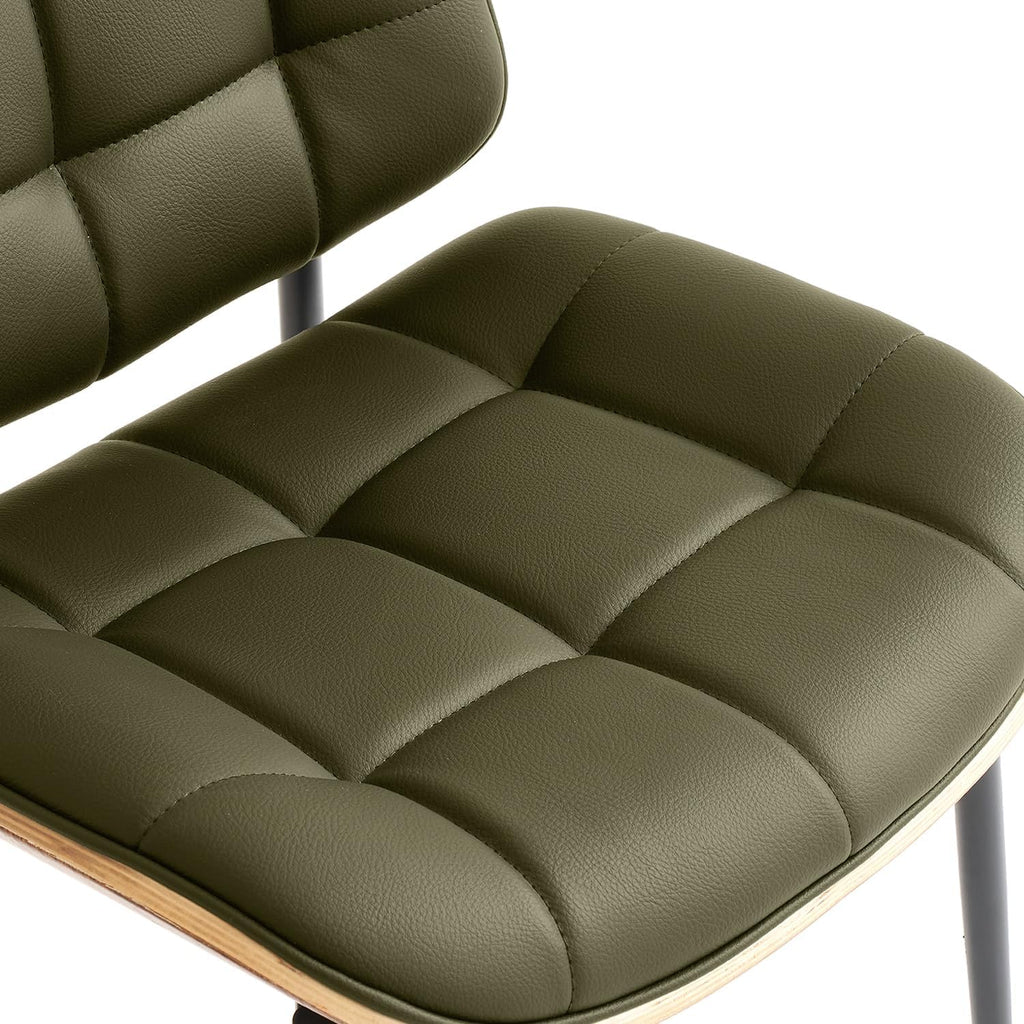 GrandNoor Mid Century Modern Dining Chairs with Walnut Grain Back, Green Faux Leather Dining Room Chairs Set of 4, Checkered Soft Cushion Kitchen Chairs with Adjustable Foot Pads