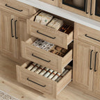 WOODTIME 102" H Kitchen Pantry with LED Light, Glass Doors, Shelves & 5 Drawers, Large Cupboard with Adjustable Shelves & White Countertop, Modern Display Storage Cabinet for Dining Room, Natural