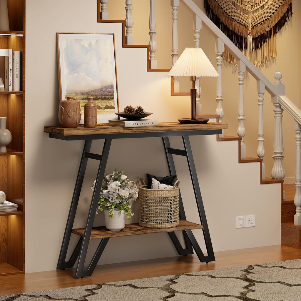 Console Table for Entryway, Space Saving Small Entryway Table with Open Shelves, Narrow Sofa Table Behind Couch for Living Room, Hallway, Easy Assembly, Wooden Top, Rustic Brown
