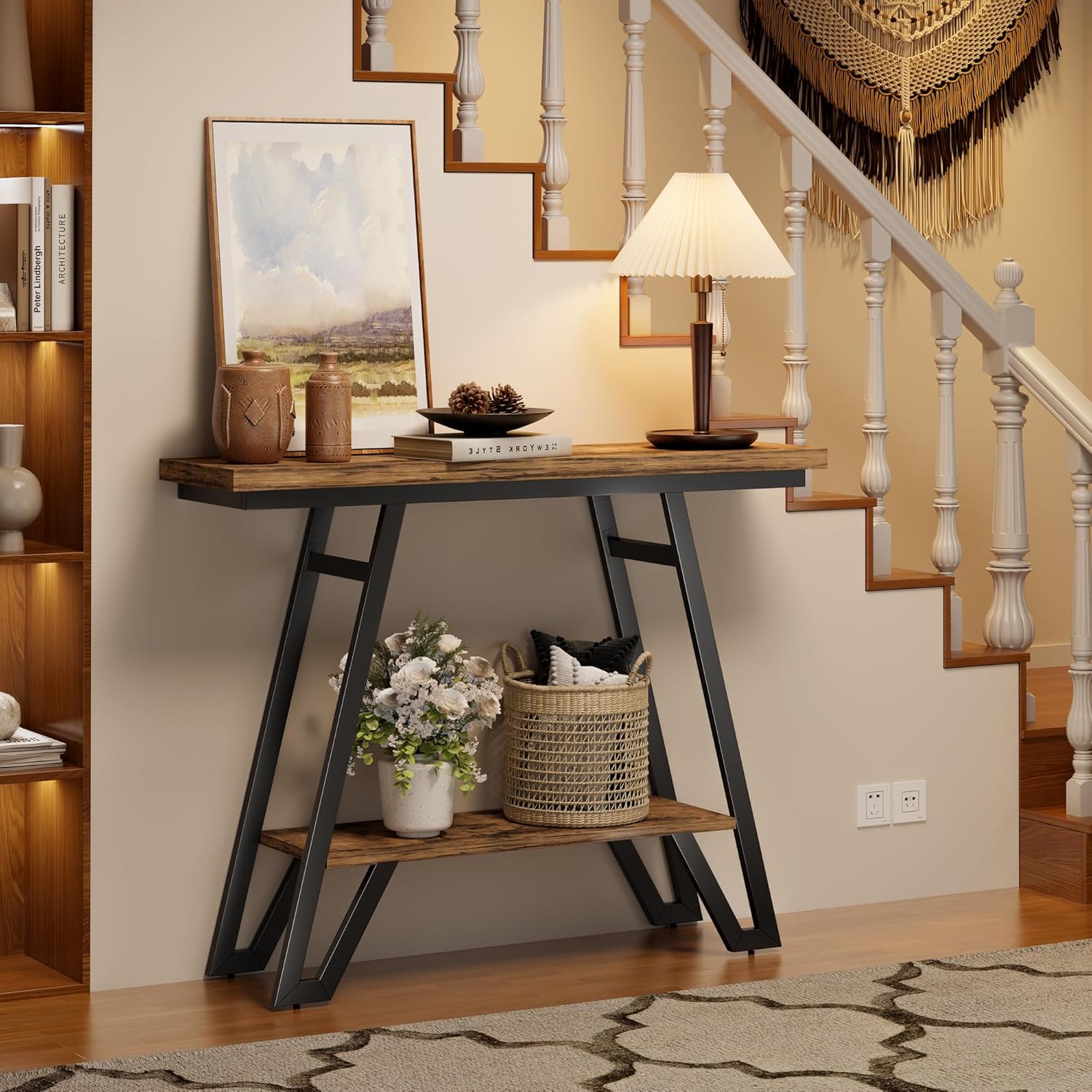 Console Table for Entryway, Space Saving Small Entryway Table with Open Shelves, Narrow Sofa Table Behind Couch for Living Room, Hallway, Easy Assembly, Wooden Top, Rustic Brown