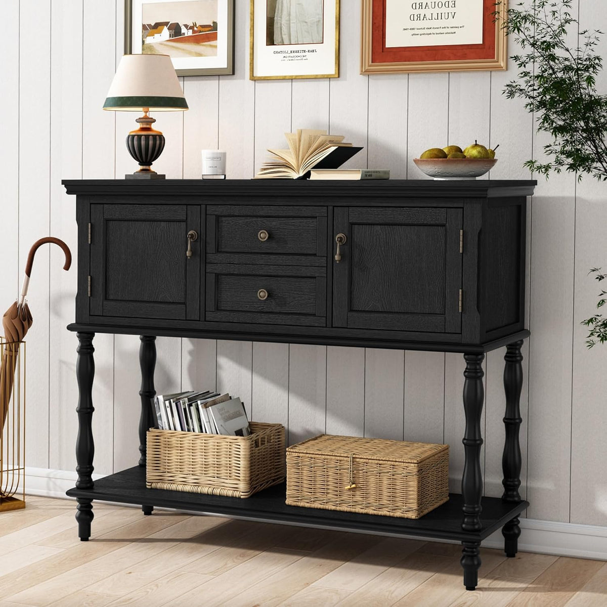 ARTPOWER Console Table with 2 Drawers, Retro Entryway Table with 2 Door | Solid Wood Veneer Entry Table, Behind Couch Sofa Table with Open Storage Shelf for Living Room, Foyer, Hallway