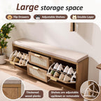 Rattan Narrow Entryway Bench with Shoe Storage, 4 Drawers & Coat Rack, Mid-Century Modern Wood Shoe Cabinet with Seat Cushion for Foyer/Hallway (Rustic Oak Rattan)