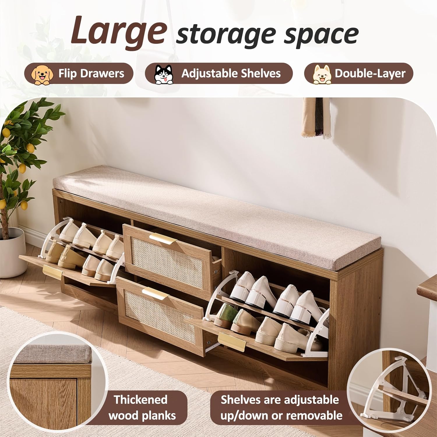 Rattan Narrow Entryway Bench with Shoe Storage, 4 Drawers & Coat Rack, Mid-Century Modern Wood Shoe Cabinet with Seat Cushion for Foyer/Hallway (Rustic Oak Rattan)