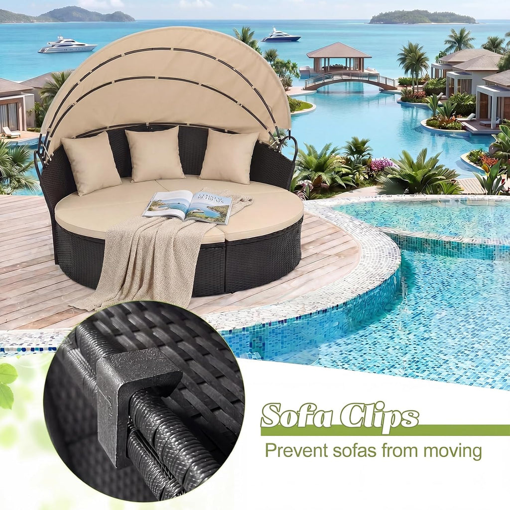 Tangkula Outdoor Patio Round Daybed with Retractable Canopy, Black Rattan Wicker Furniture Sectional Seating with Cushions and Throw Pillows, Seating Separates Cushioned Seats for Backyard (Brown)