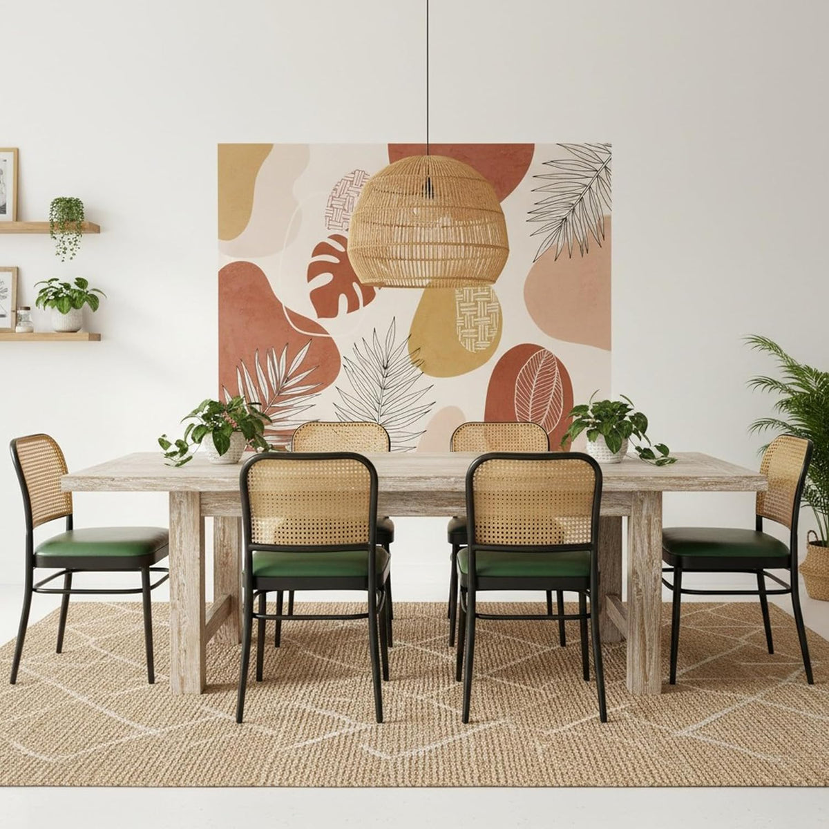 Rattan Dining Chairs Set of 4, Mid-Century Modern, Green | Cane Back Design, Faux Leather Upholstery, Boho Style, Comfortable Padded Seat, 350 LBS Weight Capacity