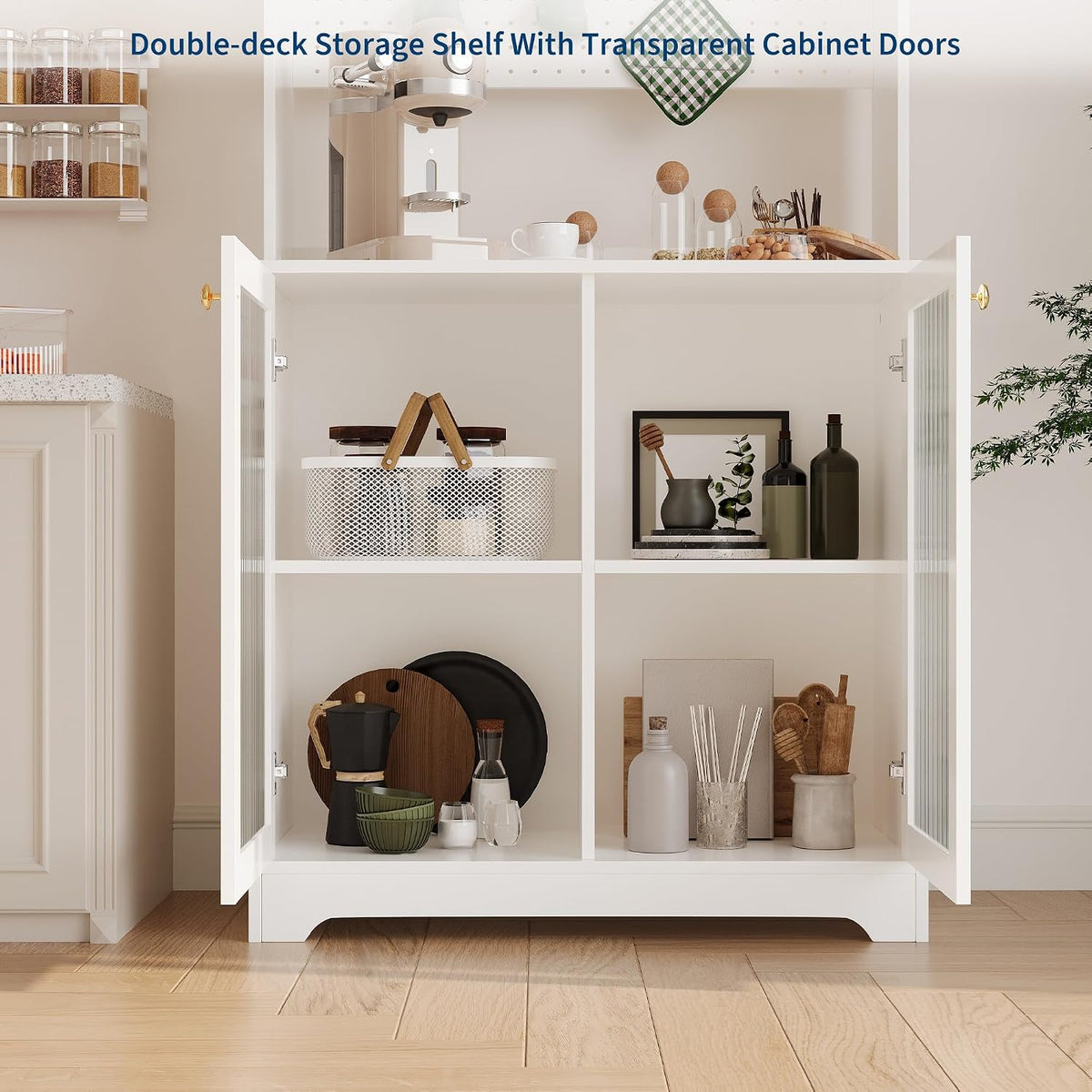 TrailBlaze Versatile Freestanding Kitchen Pantry Cabinet - 71" Tall Sideboard Buffet with Pegboard, 2 Glass Doors, Adjustable Shelves & 6 Hooks, Multi-Compartment Storage for Dining Room or Hallway