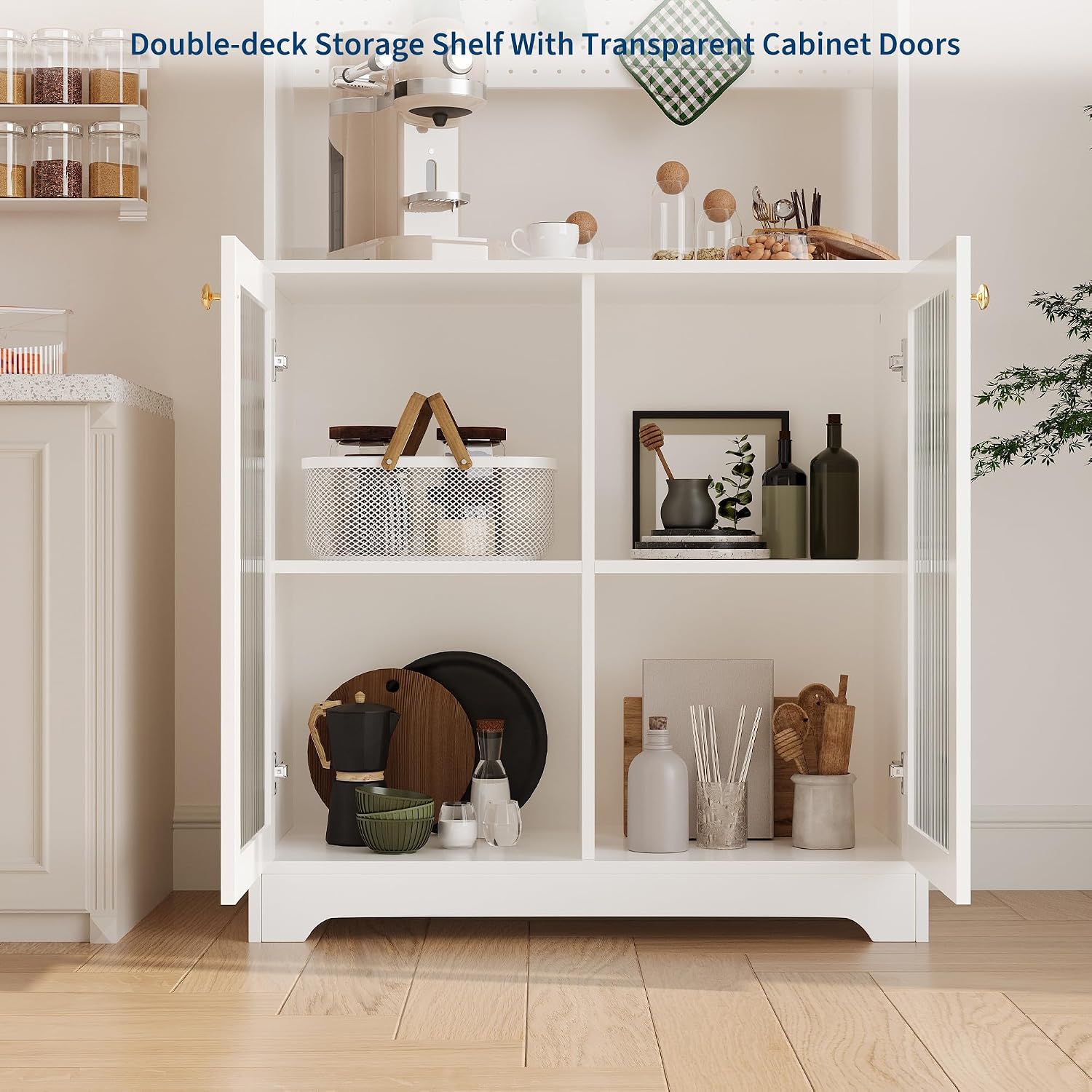 Kitchen Pantry Cabinet,71-Inch Freestanding Storage Cupboard with 7 Compartments, DIY Pegboard, 2 Glass Doors & Adjustable Shelves – Versatile Storage for Kitchen, Dining Room, Hallway(White)