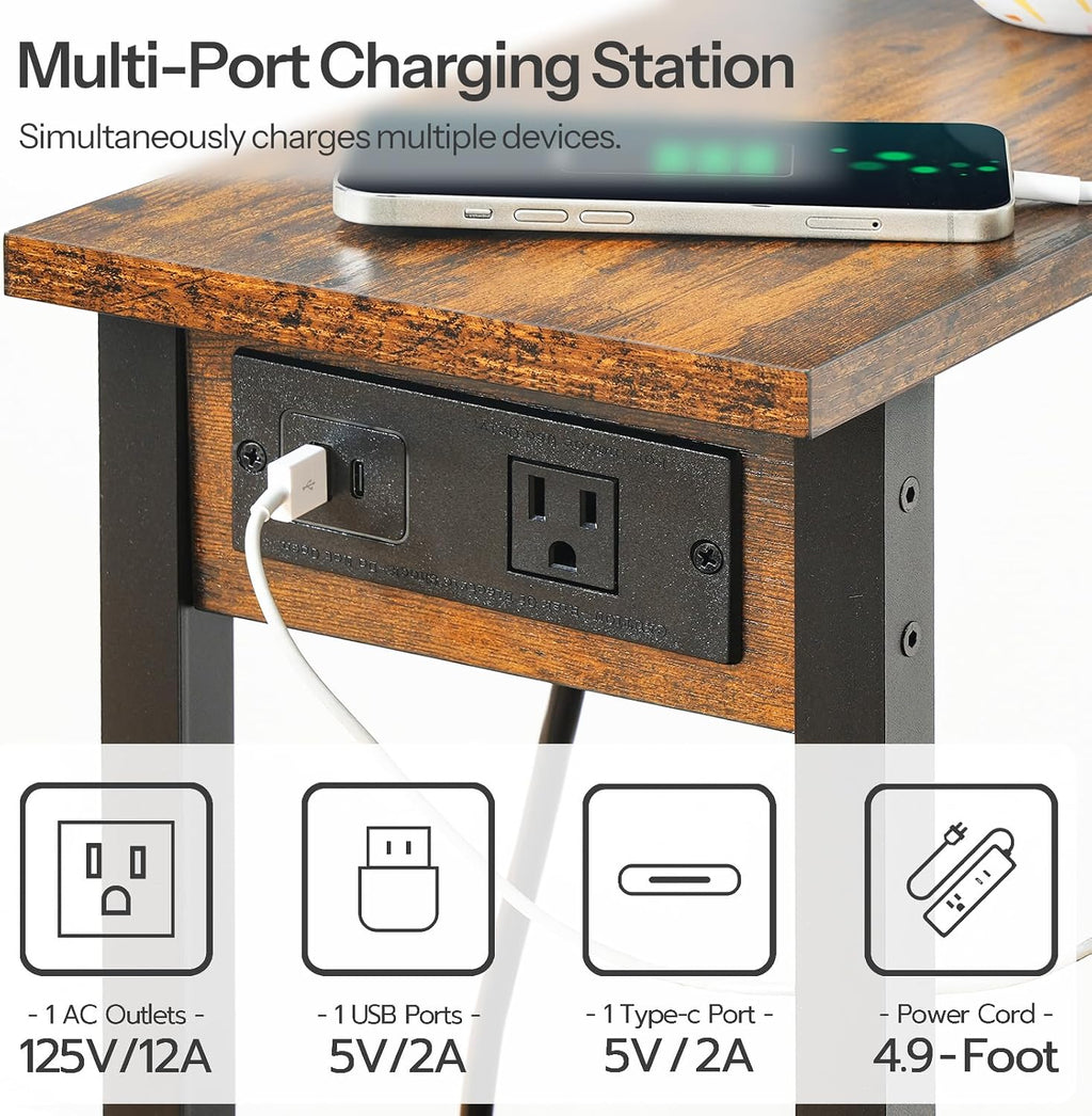 HOOBRO Narrow Side Table, 2-Tier Slim End Table with Charging Station, Skinny Nightstand with Open Storage, for Small Spaces, Living Room, Bedroom, Study, Rustic Brown and Black BF240UBZ01