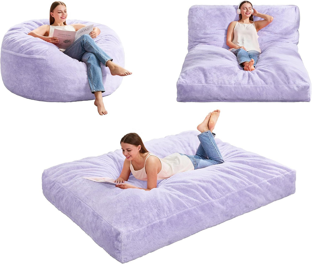 Hobestluk Bean Bag Chair Convertible 3 in 1 Beanbag Washable Giant Adult | Large,Memory Foam Filling,Lounge,Plush Faux Fur,Bean Bag Bed ,Removable Cover,Living Room Bedroom Dorm,Sleeping,Full,Purple