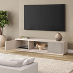 Henn&Hart 70" TV Stand for TVs up to 78", Beech White | Modern TV stand with ribbed cabinet doors and open center shelf for media or decor, perfect for living room or office