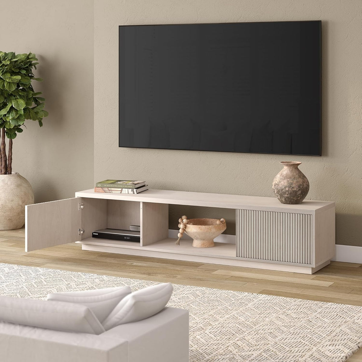 Henn&Hart 70" TV Stand for TVs up to 78", Beech White | Modern TV stand with ribbed cabinet doors and open center shelf for media or decor, perfect for living room or office