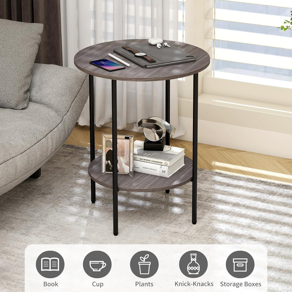 Side Table,Round End Table with 2 Storage Shelves| Compact Side Tables for Living Room, Couch, Office & Bedroom | Narrow Accent Table as Space-Saving Small Bedside Table 18x18x22in (Grey)