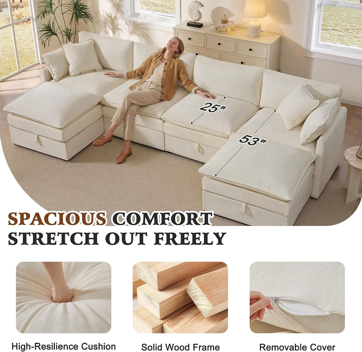 Ihanherry 135” Modular Sectional Sofa with Storage, U Shaped Cloud Couch with Movable Ottomans & 4 Pillows, Chenille Deep Seat Sectional Couches for Living Room, Apartment (Beige)