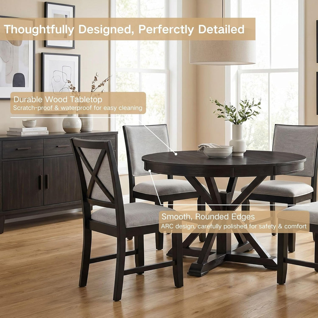 42"-54" Extendable Dining Table for 4-6 People Farmhouse Round/Oval Dining Room Table Solid Wood Kitchen Table with Cross Base (Dark Brown)