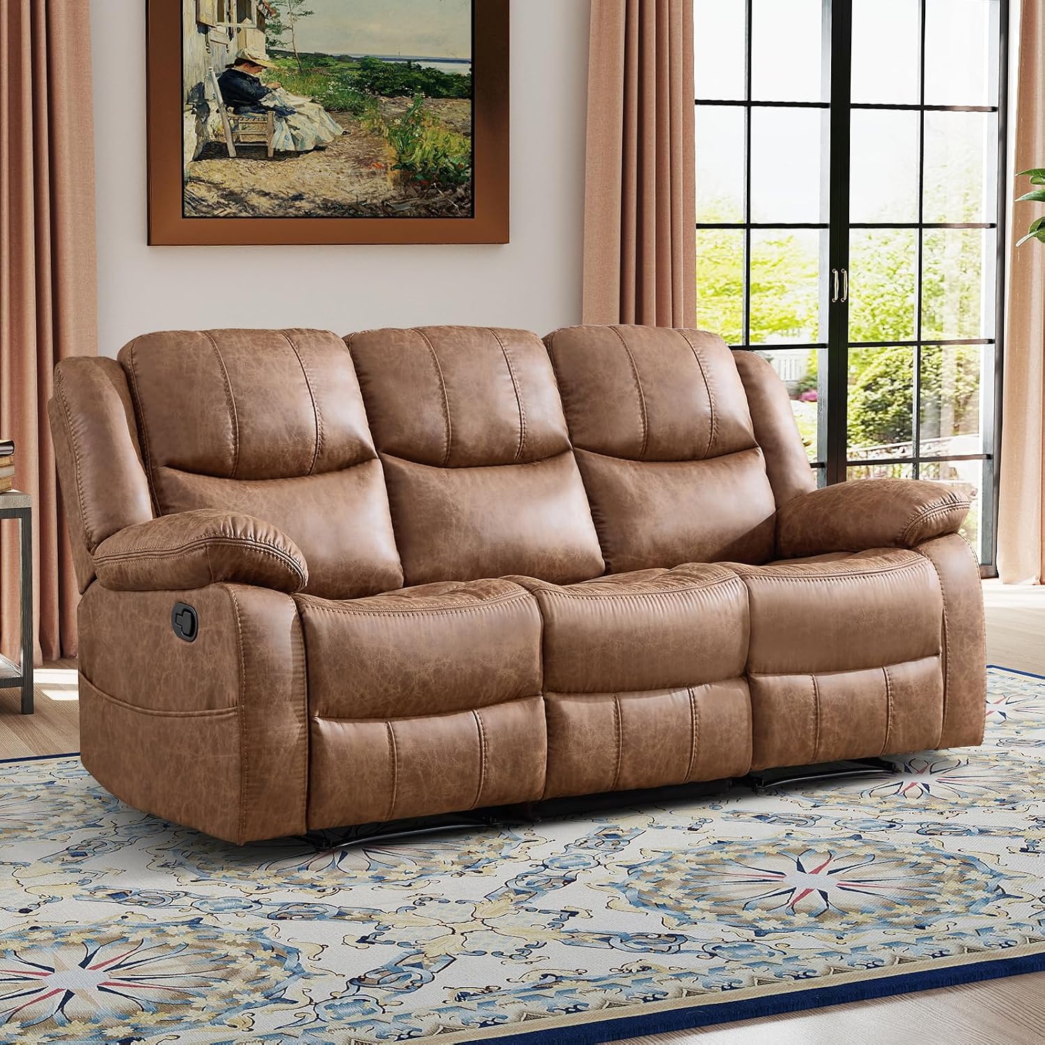 EBELLO Faux Leather Manual Reclining Sofa, Mid-Century Modern Overstuffed Armrest 3 Seat Recliner Sofa, Reclining Couch for Living Room, Meeting Room, Brown (3 Seat Sofa)